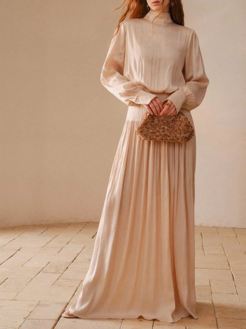 Cream Satin Stand Collar Long Sleeve Pleated Maxi Dress